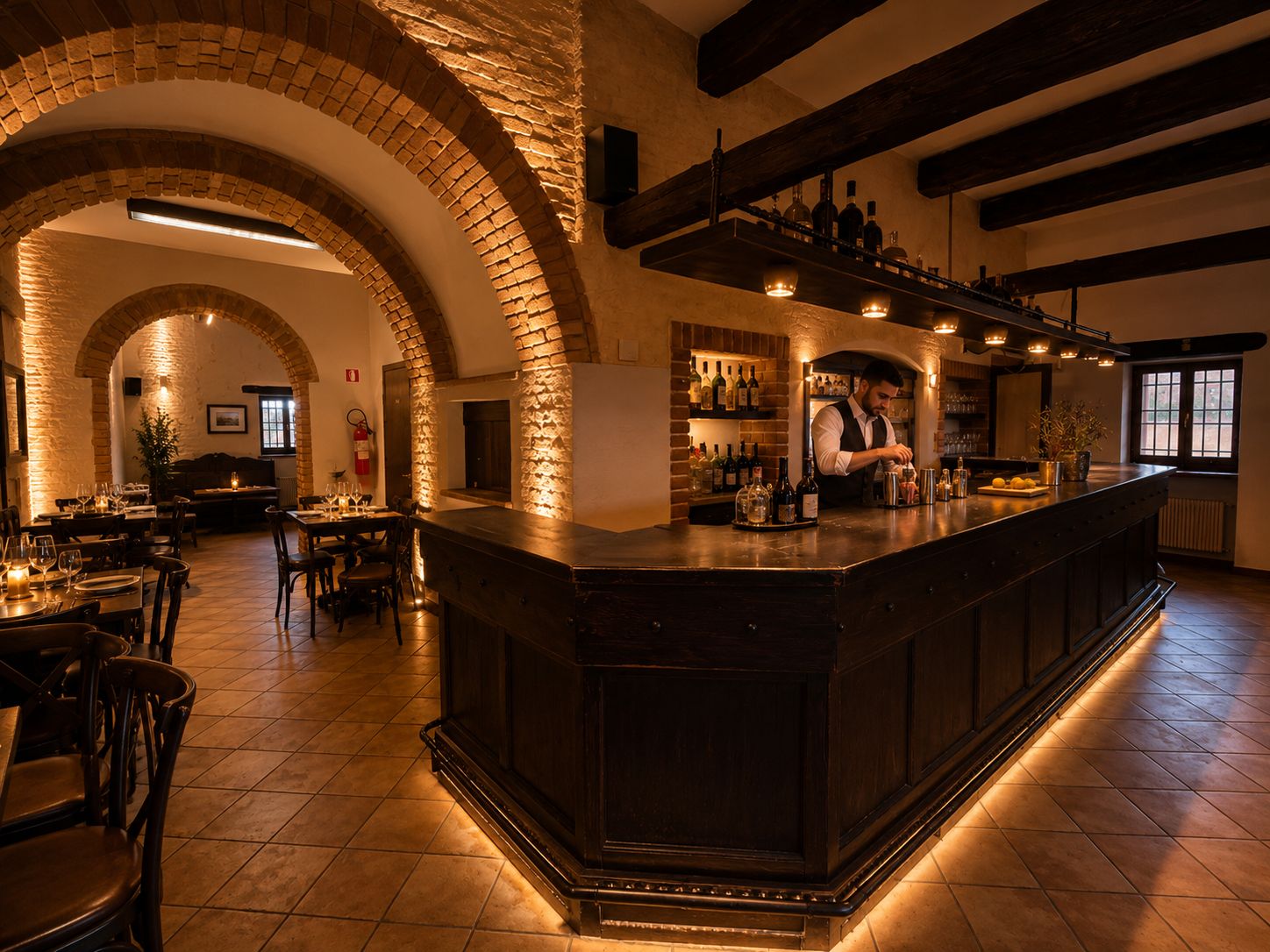 Bancone bar in legno con calici e luci soffuse